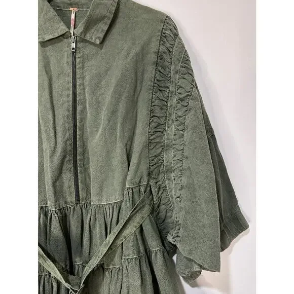 Free People Hampton Belted Mini Dress Crystal Kelp Cotton Size Medium NWOT Chic Mini